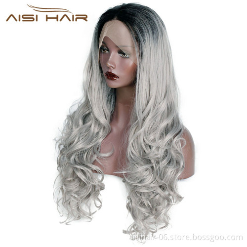 Aisi Hair Cheap Synthetic Ombre Gray Dark Root Wig Long Wavy Lace Frontal Wig Body Wave Party Lace Front Hair Wigs For Women